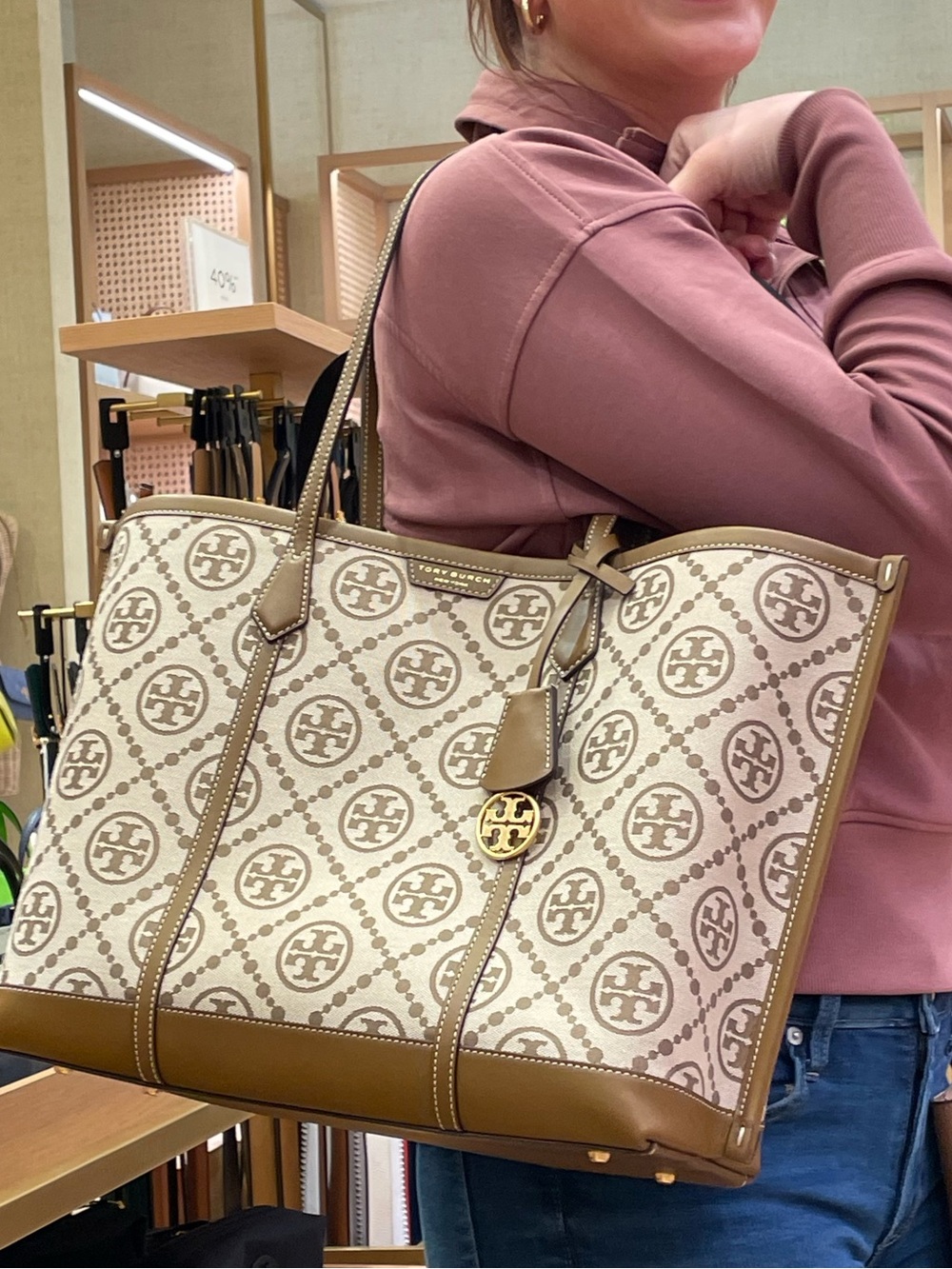 Tory Burch Cream & Tan Logo-Print Tote with Leather Trim